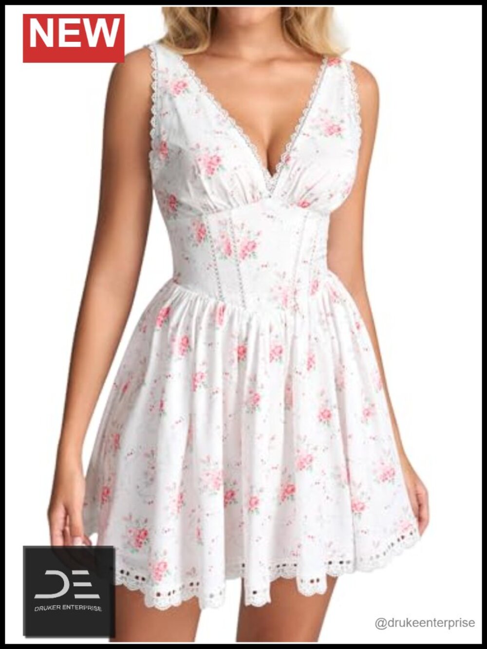 KUTUMAI Floral Corset Mini Dress Lace Up V Neck Summer Graduation